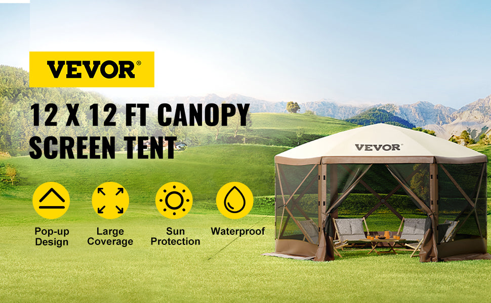 SucceBuy Pop-Up Camping Gazebo | 6-Sided Instant Canopy Shelter 12x12 / 10x10 Sun Shade Tent