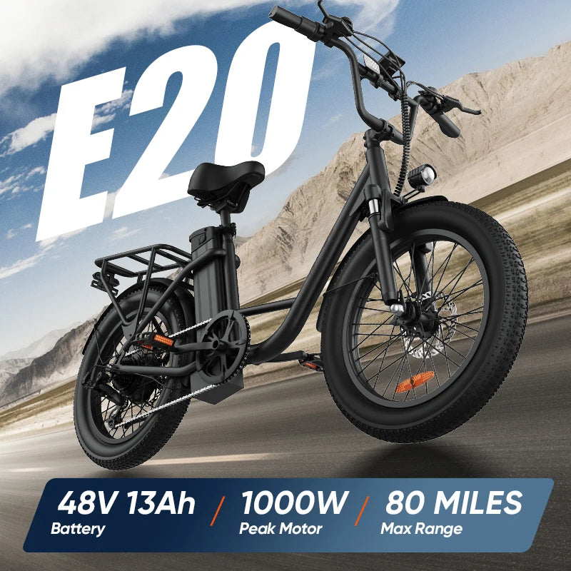 1000W E20 Electric Bike 48V 13Ah Removable Battery 20"x3" Fat Tire 7-Speed