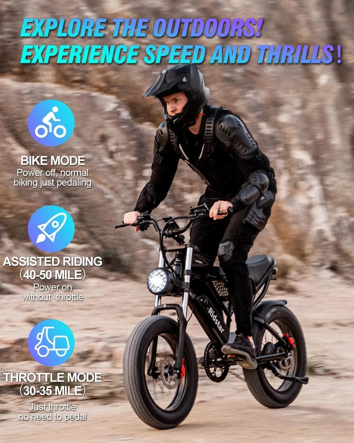 Ridstar Q20 Lite Electric Bike 1200W 48V 15Ah 20" Fat Tire Mountain & Urban E-Bike