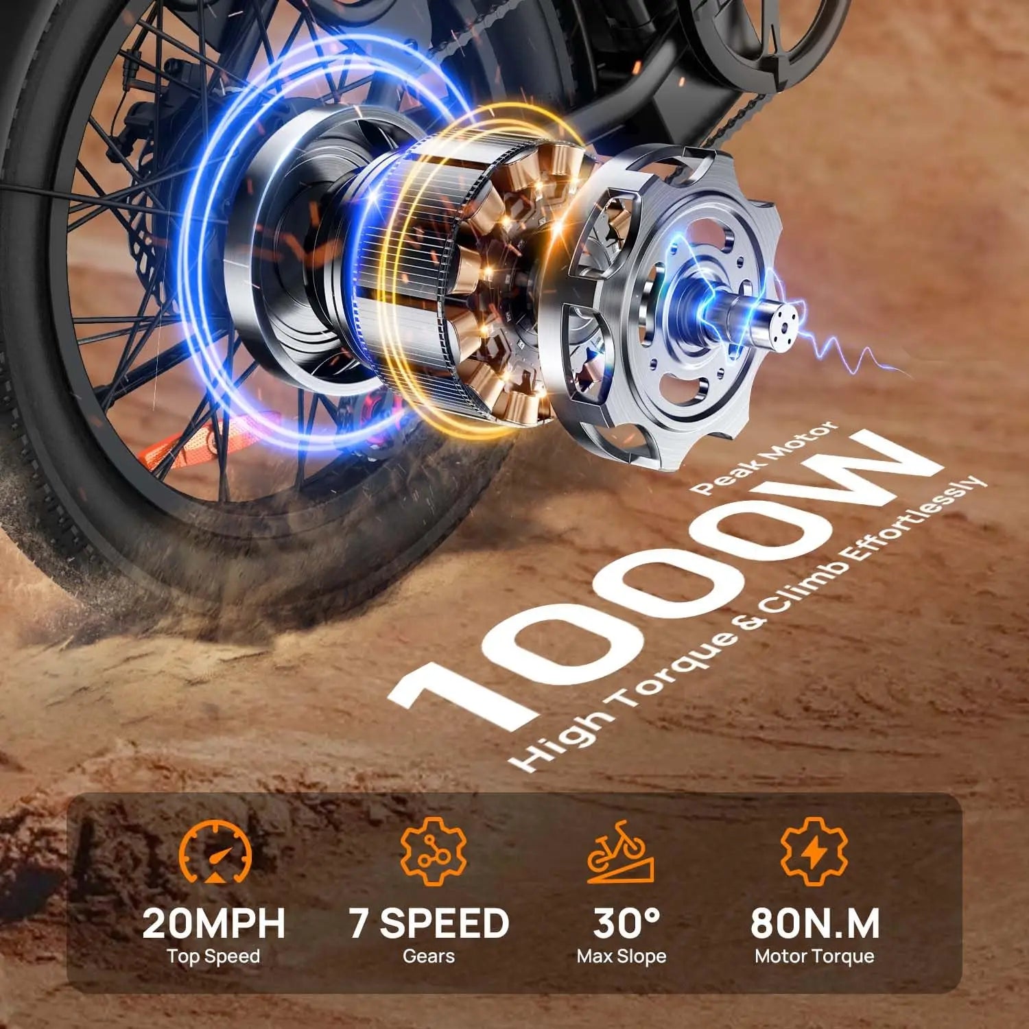 1000W E20 Electric Bike 48V 13Ah Battery 20" Fat Tire 7-Speed Dual Disc Brake
