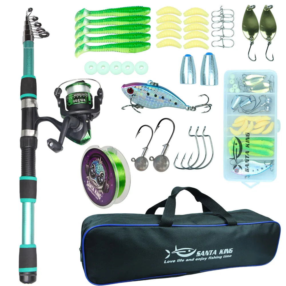 Santa King Fishing Rod Reel Combo Kit | Telescopic Travel Fishing Pole with Spinning Reel, Baits & Hooks