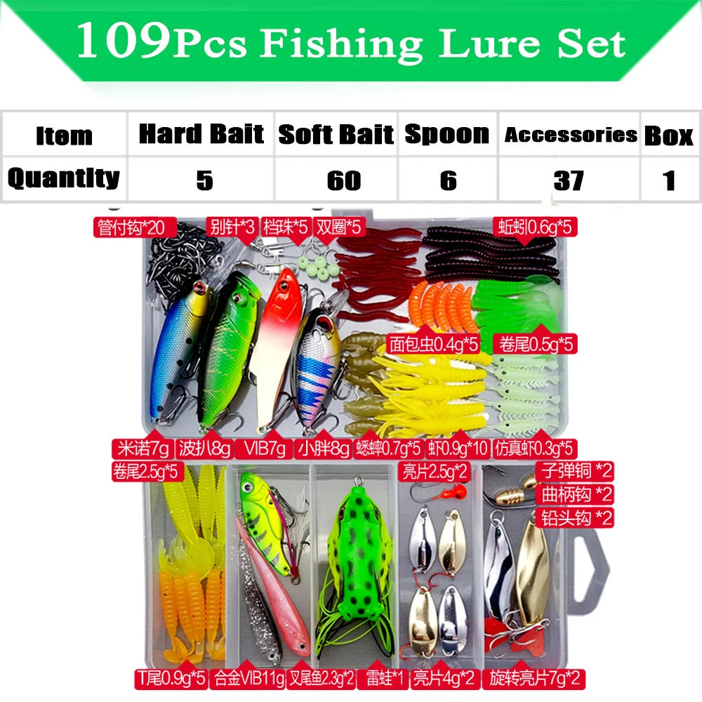 Fishing Lure Kit with Box | Soft & Hard Baits, Minnow, Crank, Metal Jig & Spoon Set for Bass & Pike