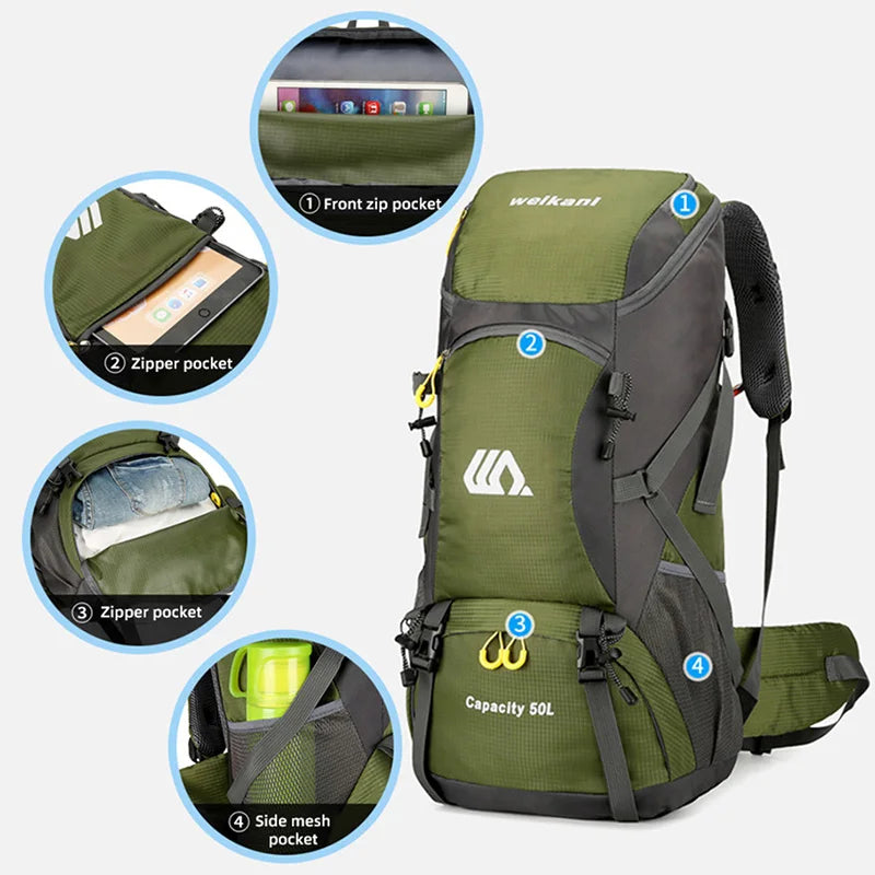 50L Travel Backpack | Waterproof Hiking Camping Rucksack for Men, Large Outdoor Climbing & Mountaineering Bag