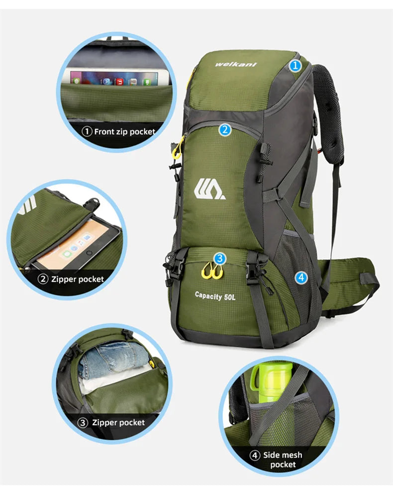50L Travel Backpack | Waterproof Hiking Camping Rucksack for Men, Large Outdoor Climbing & Mountaineering Bag