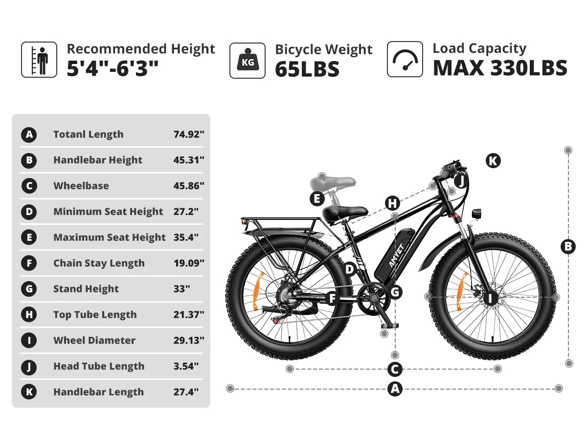 AMYET EB26 Electric Bike 1500W Peak 48V 15Ah 26" Fat Tire Mountain E-Bike for Adults