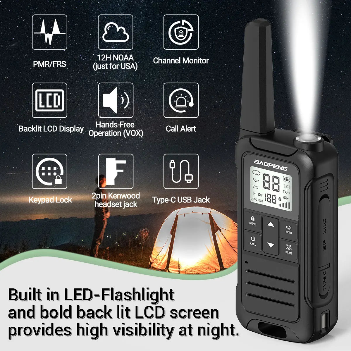 2PCS Baofeng F22 Mini Walkie Talkies | Waterproof License-Free Two-Way Radios with NOAA & Type-C Charging